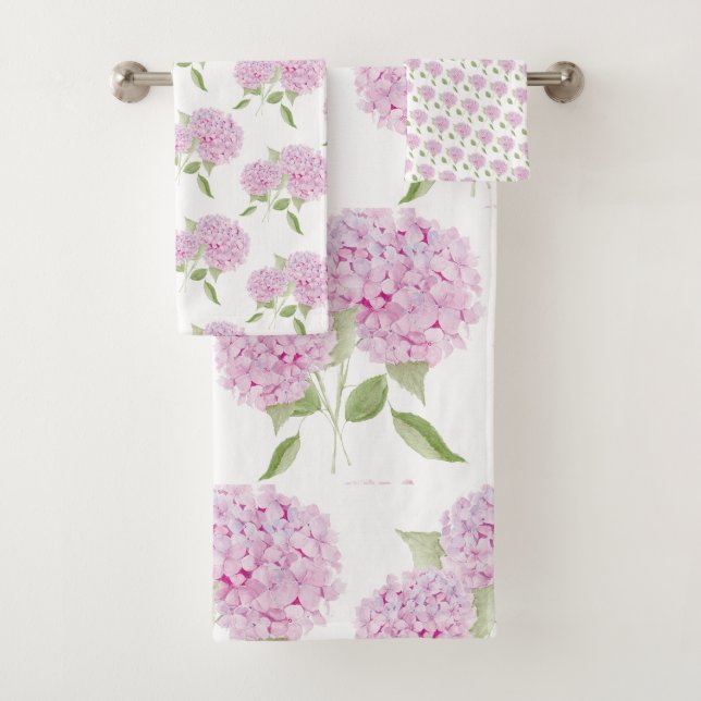 Watercolor Pink Hydrangea Bath Towel Set (Insitu)