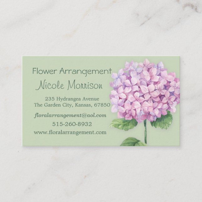 Watercolor pink Hydrangea flower Business Card (Front)