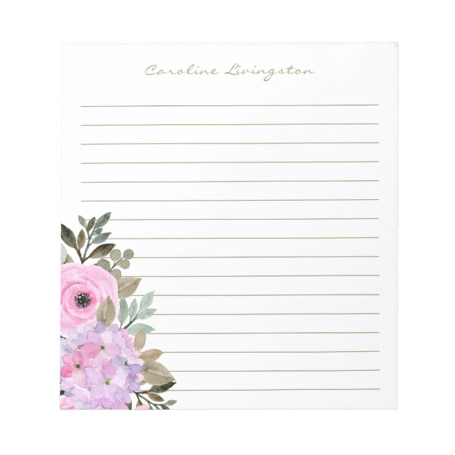 Watercolor Pink Hydrangea Flower Personalized  Notepad (Front)