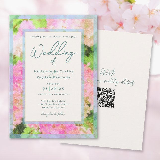 Watercolor Pink Hydrangea Garden QR Code Wedding  Invitation (Creator Uploaded)