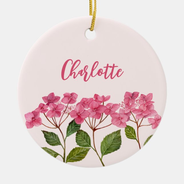 Watercolor Pink Hydrangea Lacecaps Flower Painting Ceramic Ornament (Front)