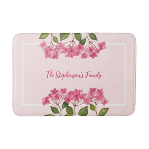Watercolor Pink Hydrangea Lacecaps Illustration Bath Mat