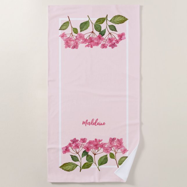 Watercolor Pink Hydrangea Lacecaps Illustration Beach Towel (Front)