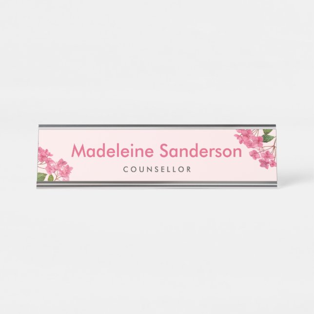 Watercolor Pink Hydrangea Lacecaps Illustration Desk Name Plate (Front)