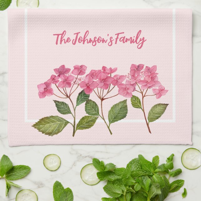 Watercolor Pink Hydrangea Lacecaps Illustration Kitchen Towel (Folded)