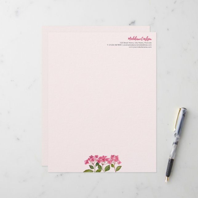 Watercolor Pink Hydrangea Lacecaps Illustration Letterhead (Front/Back In Situ)