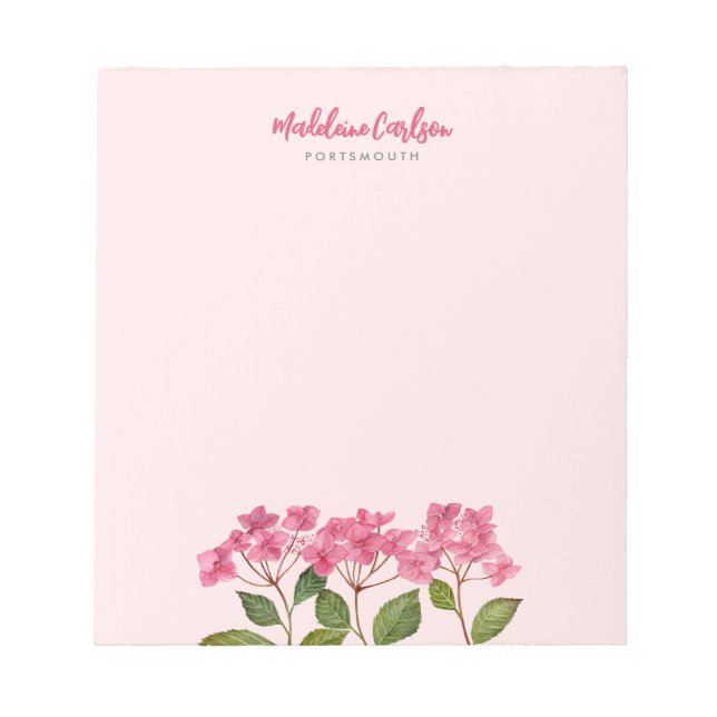 Watercolor Pink Hydrangea Lacecaps Illustration Notepad (Front)
