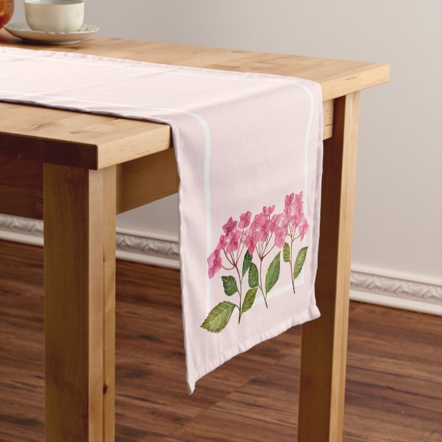 Watercolor Pink Hydrangea Lacecaps Illustration Short Table Runner (In Situ)