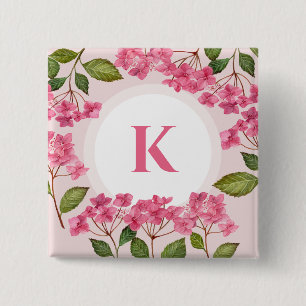 Watercolor Pink Hydrangea Lacecaps Monogram 2 Inch Square Button