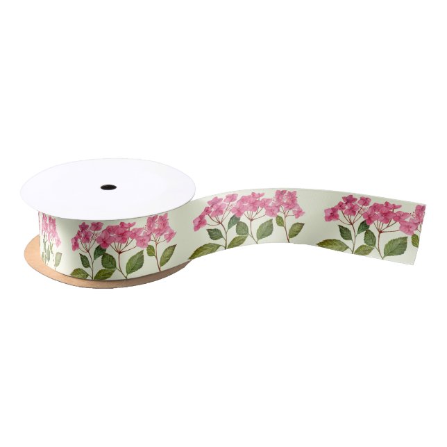 Watercolor Pink Hydrangea Lacecaps Pattern Satin Ribbon (Spool)