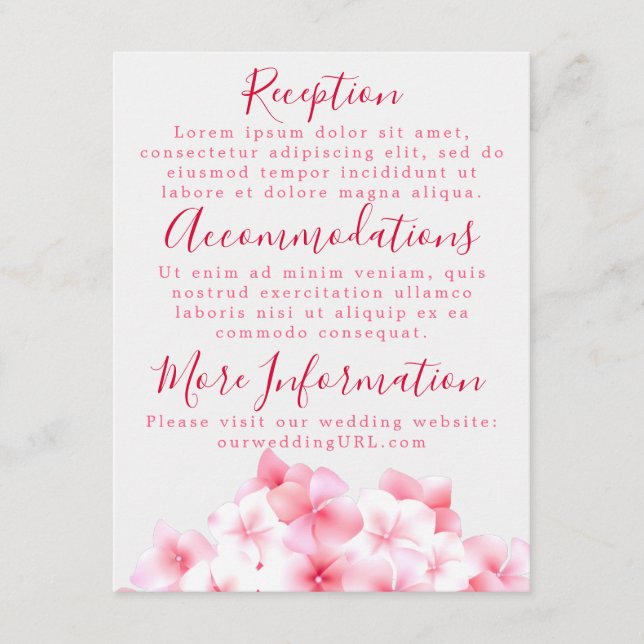 Watercolor Pink Hydrangea Reception Cards (Front)