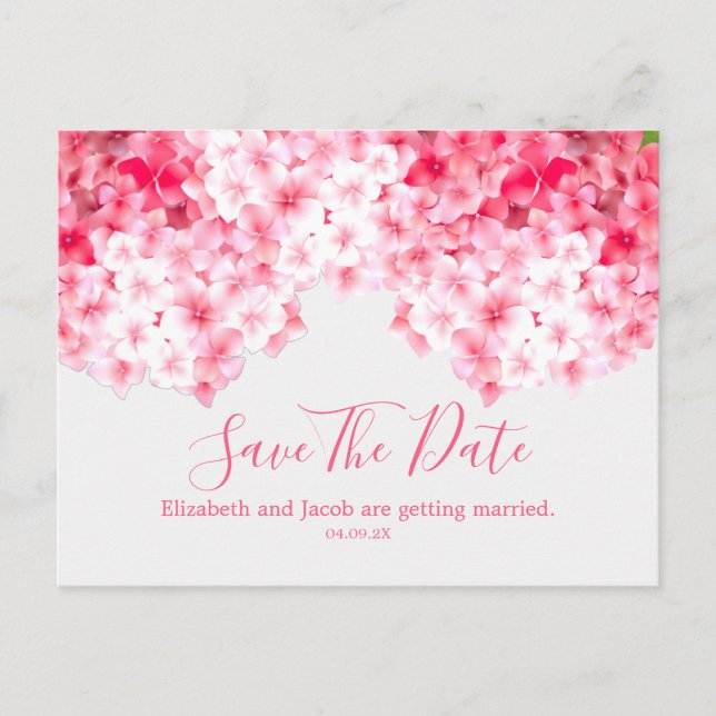 Watercolor Pink Hydrangea Save the Date Postcard (Front)