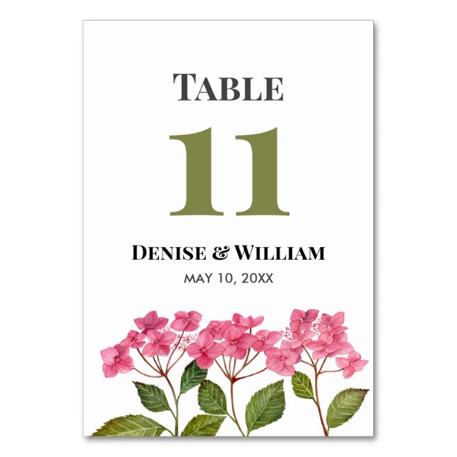 Watercolor Pink Hydrangeas Lacecap Wedding Table Number (Front)