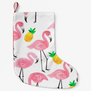 Watercolor pink ink flamingo and yellow pineapple small christmas stocking