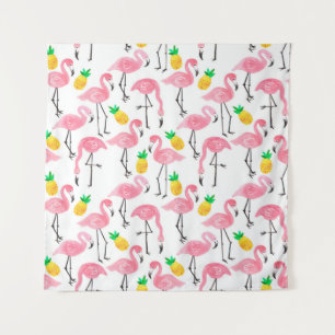 Watercolor pink ink flamingo and yellow pineapple  tapestry