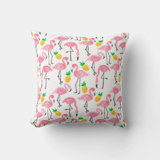 Watercolor pink ink flamingo and yellow pineapple throw pillow