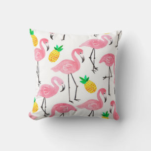 Watercolor pink ink flamingo and yellow pineapple throw pillow