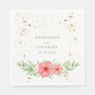 Watercolor Pink Ivory Greenery Floral Gold Specks Napkin