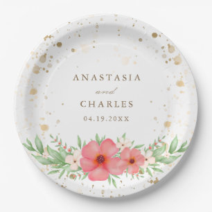 Watercolor Pink Ivory Greenery Floral Gold Specks Paper Plate