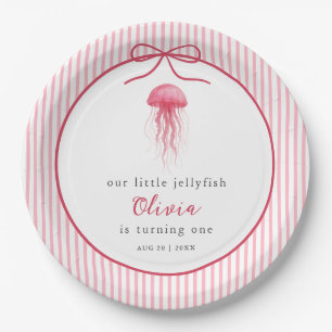 Watercolor Pink Jellyfish Bow Girl 1st Birthday Paper Plate