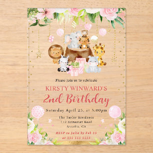 Watercolor Pink Jungle Animals Kids Birthday Acrylic Invitations