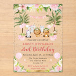 Watercolor Pink Jungle Animals Kids Birthday Acrylic Invitations<br><div class="desc">Watercolor Cute Monkey,  Tiger,  Zebra,  Hippo and Lion design with pink tropical Jungle flowers,  gold borders and gold glitter confetti with pink stripes background</div>
