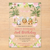 Watercolor Pink Jungle Animals Kids Birthday