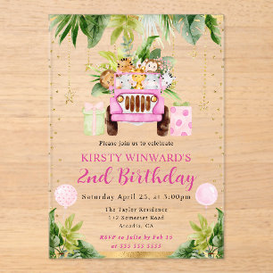 Watercolor Pink Jungle Animals Kids Birthday Acrylic Invitations