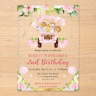 Watercolor Pink Jungle Animals Kids Birthday Acrylic Invitations