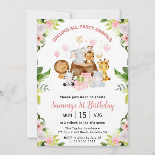 Watercolor Pink Jungle Animals Kids Birthday Invitation