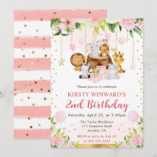 Watercolor Pink Jungle Animals Kids Birthday Invitation