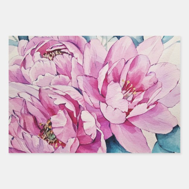 Watercolor Pink Large Peony Flowers  Wrapping Paper Sheet (Front)