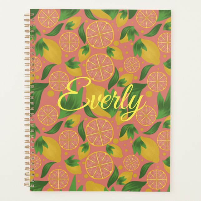 Watercolor Pink Lemon Fruit Personalized Planner (Front)