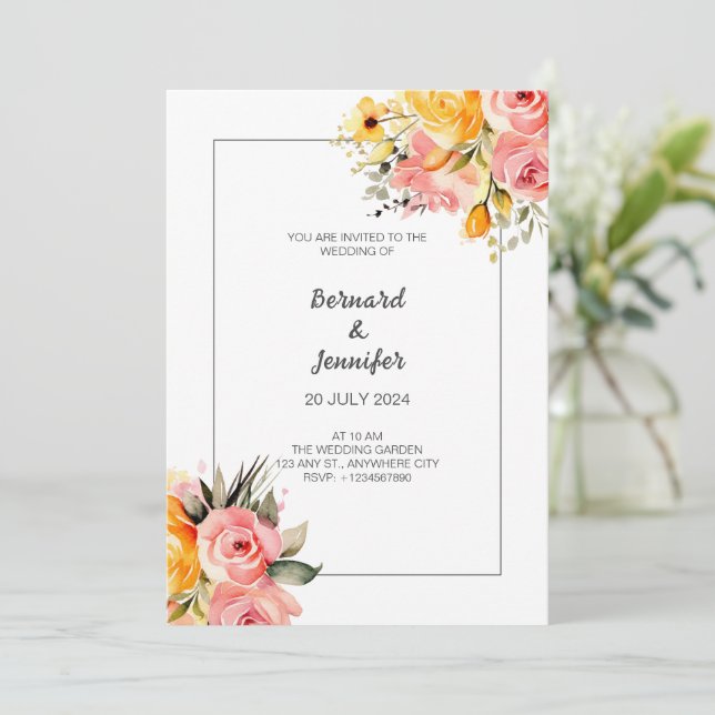 Watercolor Pink Lemonade Wedding Invitation (Standing Front)