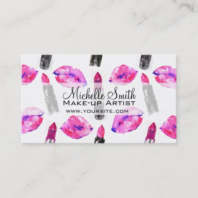 Watercolor pink lips lipstick  pattern makeup business card (Front)