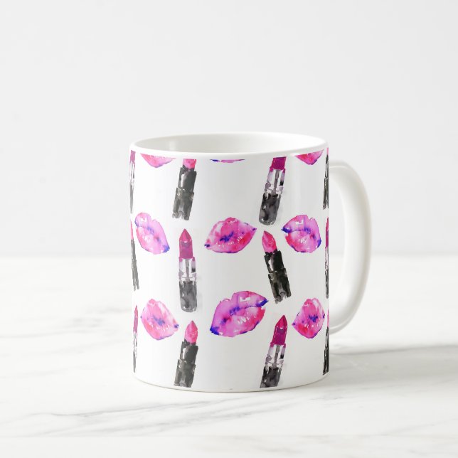 Watercolor pink lips lipstick  pattern makeup coffee mug (Front Right)