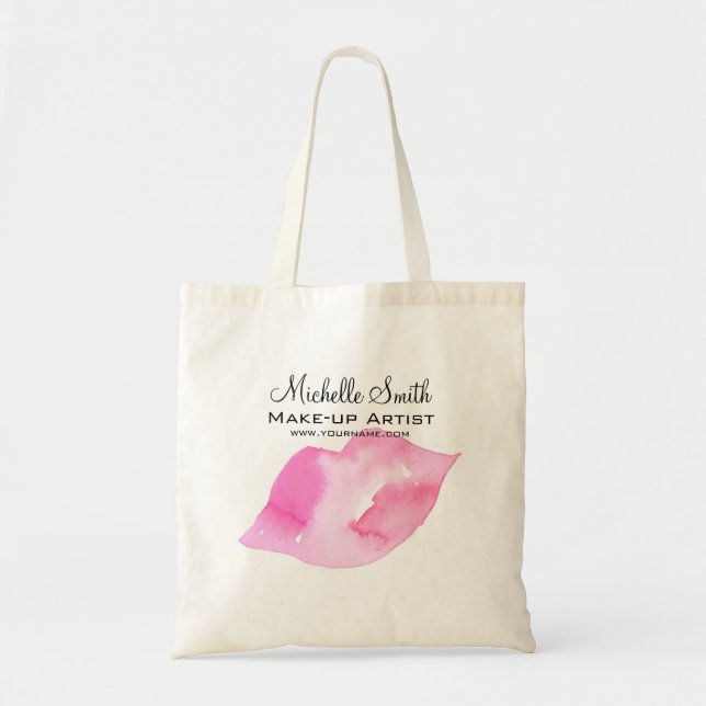 Watercolor pink lips makeup branding tote bag (Front)