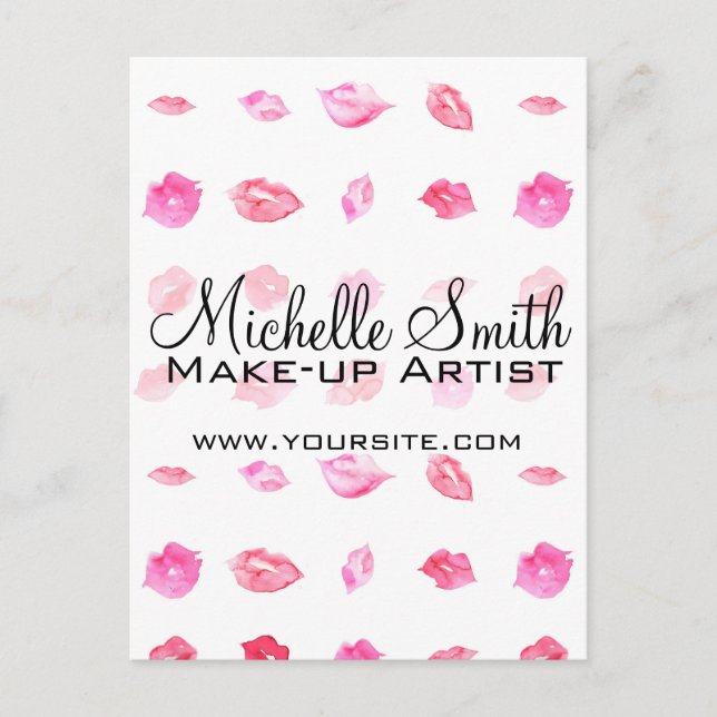 Watercolor pink lips pattern makeup branding postcard (Front)