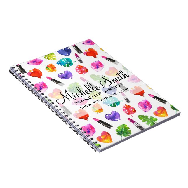 Watercolor pink lipstick pattern makeup branding notebook (Right Side)