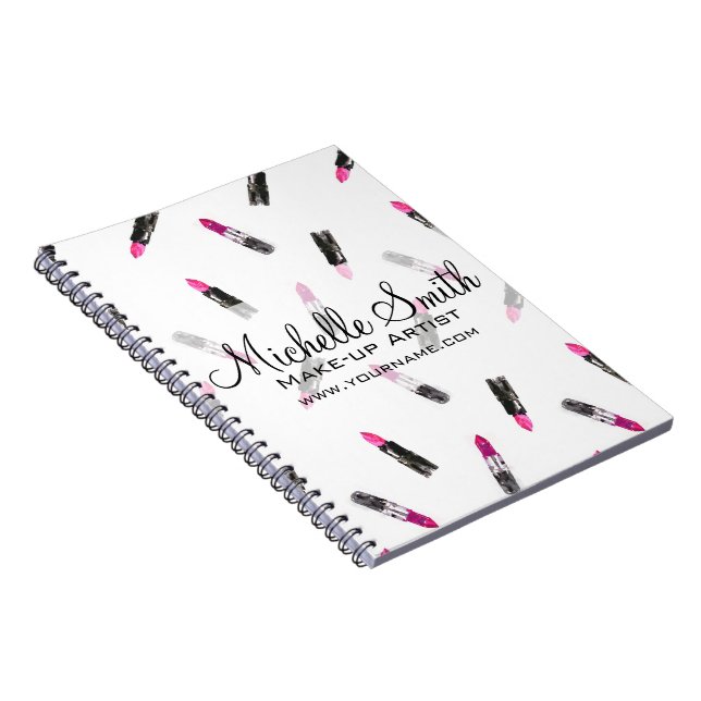 Watercolor pink lipstick pattern makeup branding notebook (Right Side)