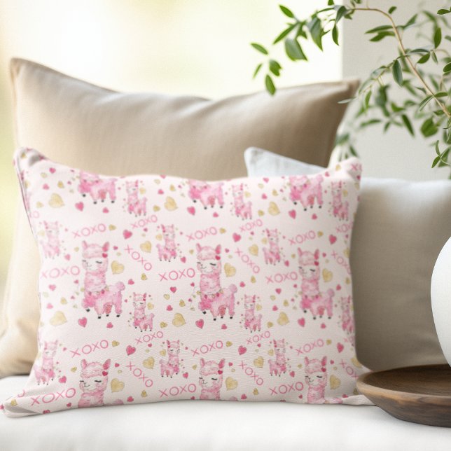  Watercolor Pink Llama XOXO Accent Pillow (Creator Uploaded)
