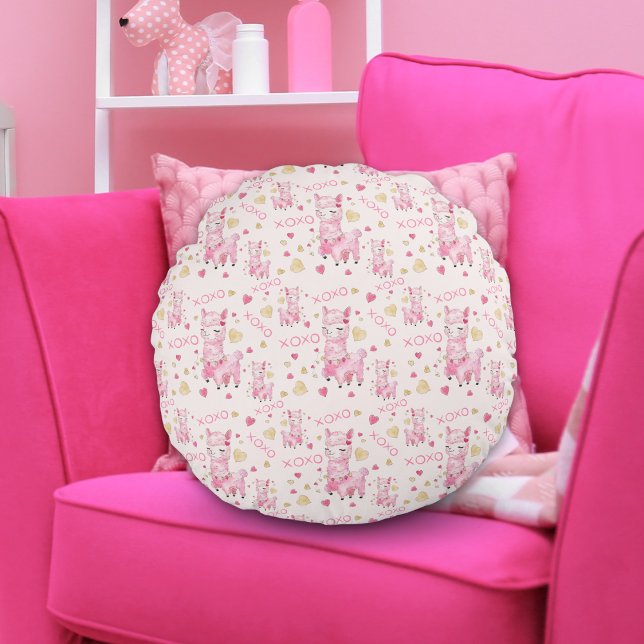 Watercolor Pink Llama XOXO Round Pillow (Creator Uploaded)