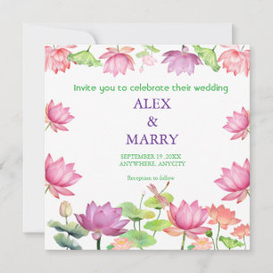 Watercolor Pink Lotus Floral Garden WEDDING  Invitation
