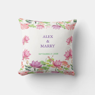 Watercolor Pink Lotus Floral Garden WEDDING  Throw Pillow