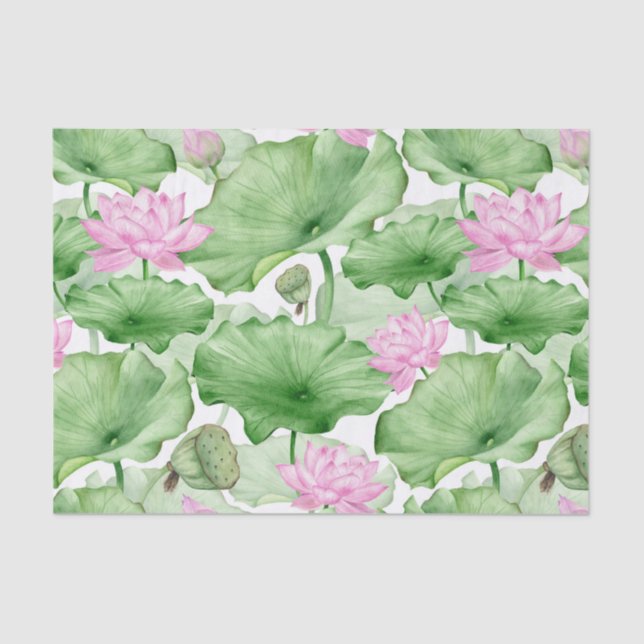Watercolor Pink Lotus Flowers with Large Leaves  Tissue Paper (Front)