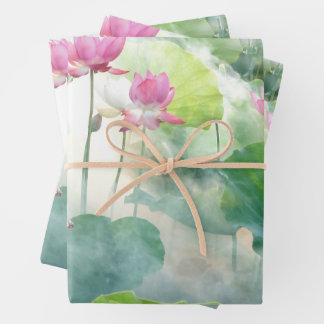 Watercolor Pink Lotus Flowers with Leaves  Wrapping Paper Sheet