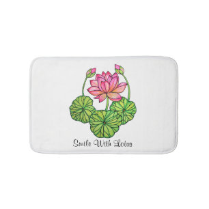 Watercolor Pink Lotus with Buds & Leaves Bath Mat