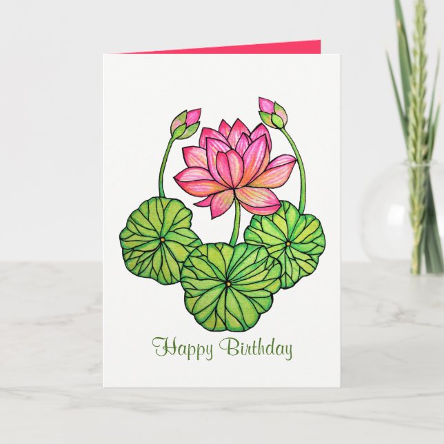 Watercolor Pink Lotus with Buds & Leaves Card (Front)