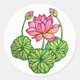 Watercolor Pink Lotus with Buds & Leaves Classic Round Sticker