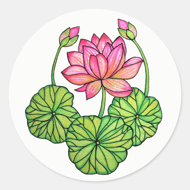 Watercolor Pink Lotus with Buds & Leaves Classic Round Sticker (Front)